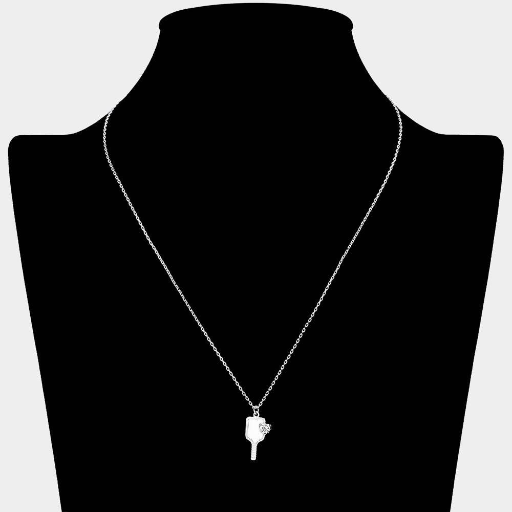 METAL HEART POINTED PICKLEBALL PADDLE PENDANT NECKLACE (SILVER & GOLD)