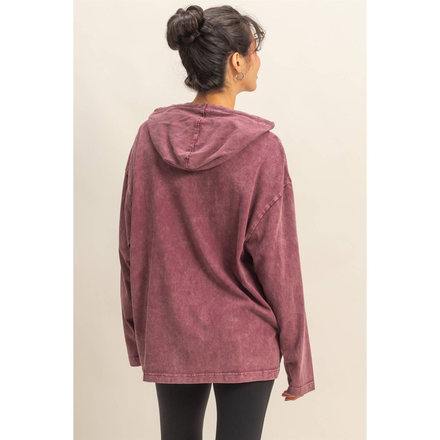 OVERSIZED HOODED VINTAGE WASHED LONG SLEEVE TOP- CABERNET