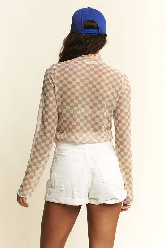 CHECKERBOARD PRINT MESH MOCK NECK TOP
