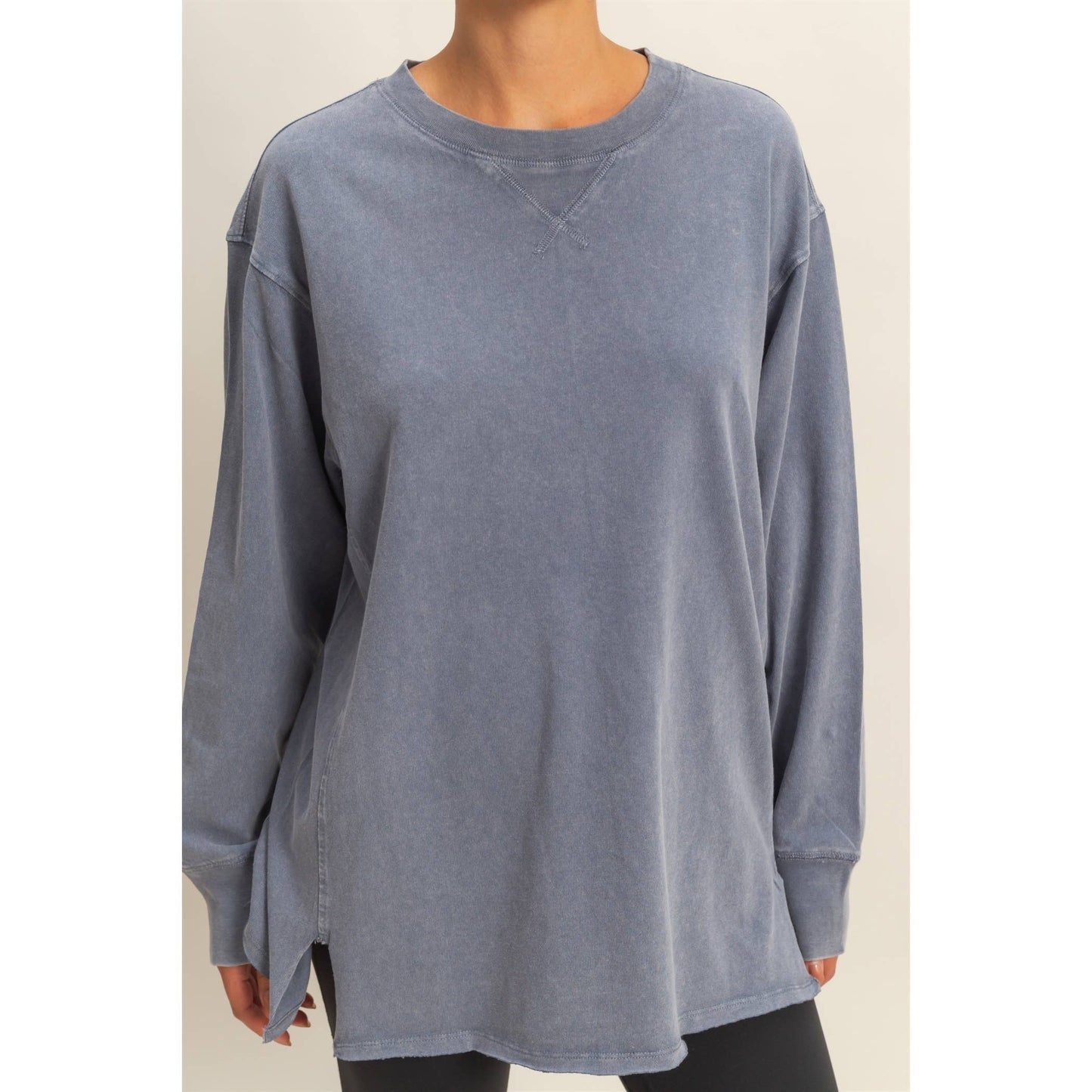 MINERAL WASHED DROP SLEEVE OVERSIZED LONG SLEEVE- Denim Blue