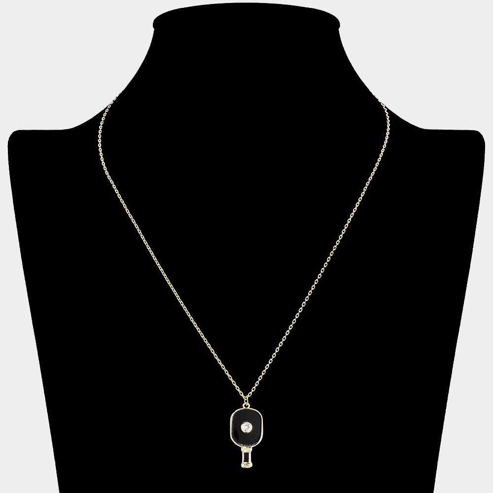 STONE POINTED ENAMEL PICKLEBALL PADDLE PENDANT NECKLACE (MULTIPLE COLORS)