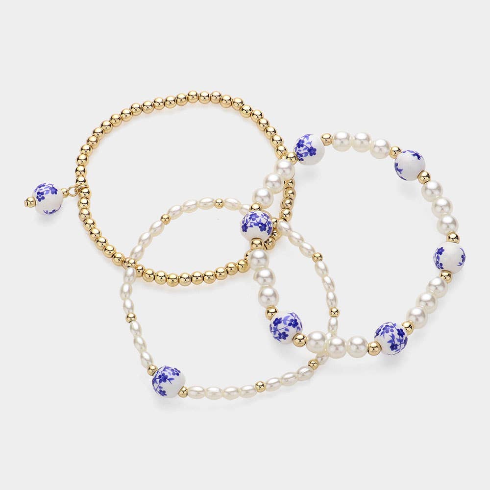 3PCS BLUE FLORAL PEARL BEADED STRETCH BRACELET