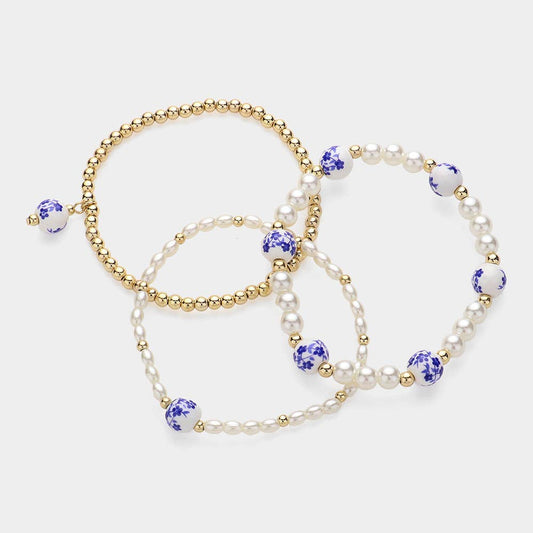 3PCS BLUE FLORAL PEARL BEADED STRETCH BRACELET