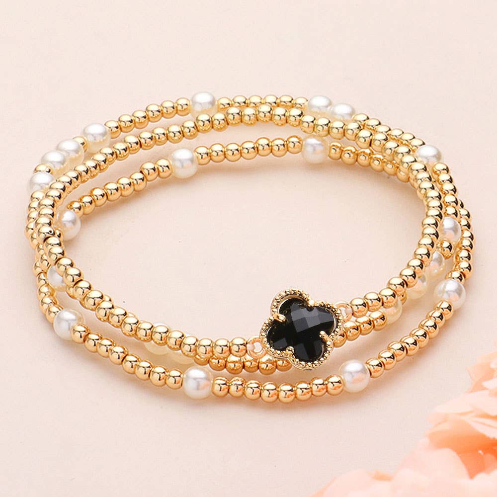3PCS QUATREFOIL PEARL BEAD STRETCH MULTI LAYERED BRACELETS (MULTIPLE COLORS)