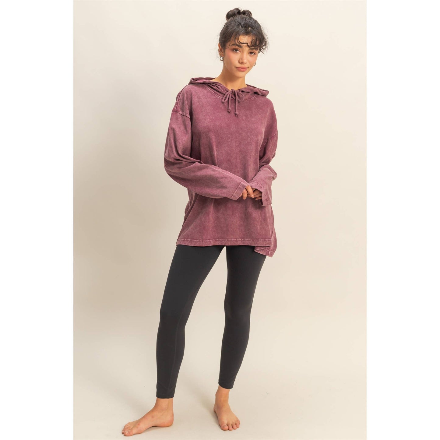 OVERSIZED HOODED VINTAGE WASHED LONG SLEEVE TOP- CABERNET