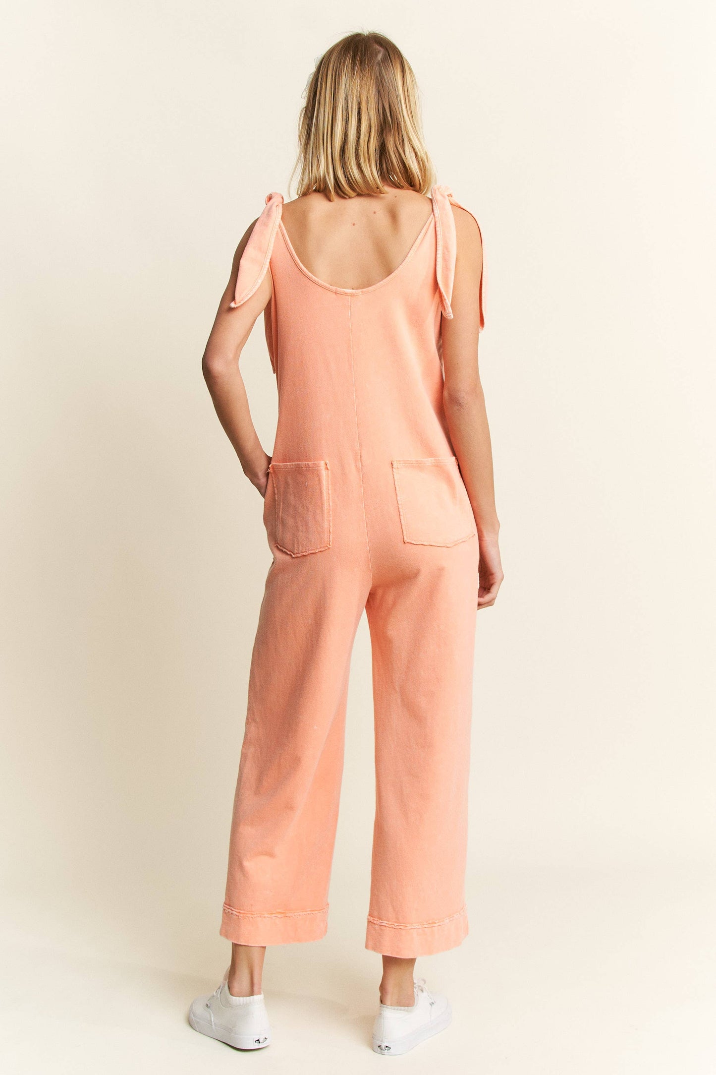 J.HER MINERAL WASHED FLOWER PATCHED BOW JUMPSUIT PAPAYA