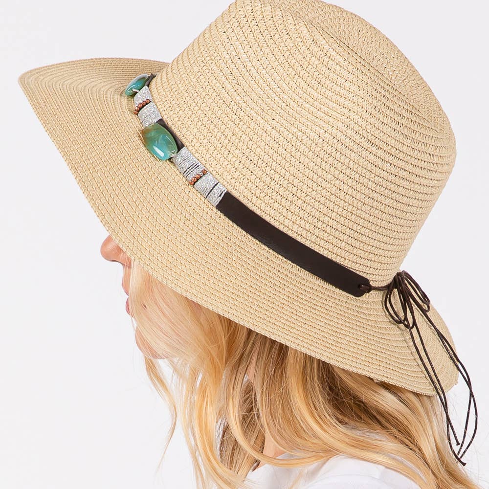 TURQUOISE BEADS BAND STRAW SUN HAT (MULTIPLE COLORS)