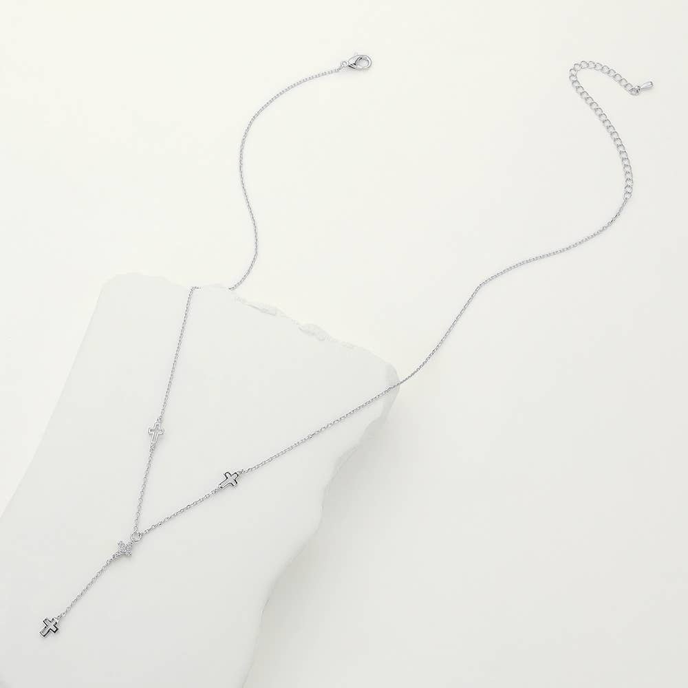 STONE PAVED CROSSS POINTED Y SHAPED NECKLACE (SILVER & GOLD)