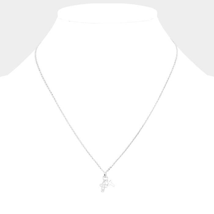GOLD DIPPED CZ STONE PAVED DOUBLE CROSS PENDANT NECKLACE (SILVER & GOLD)