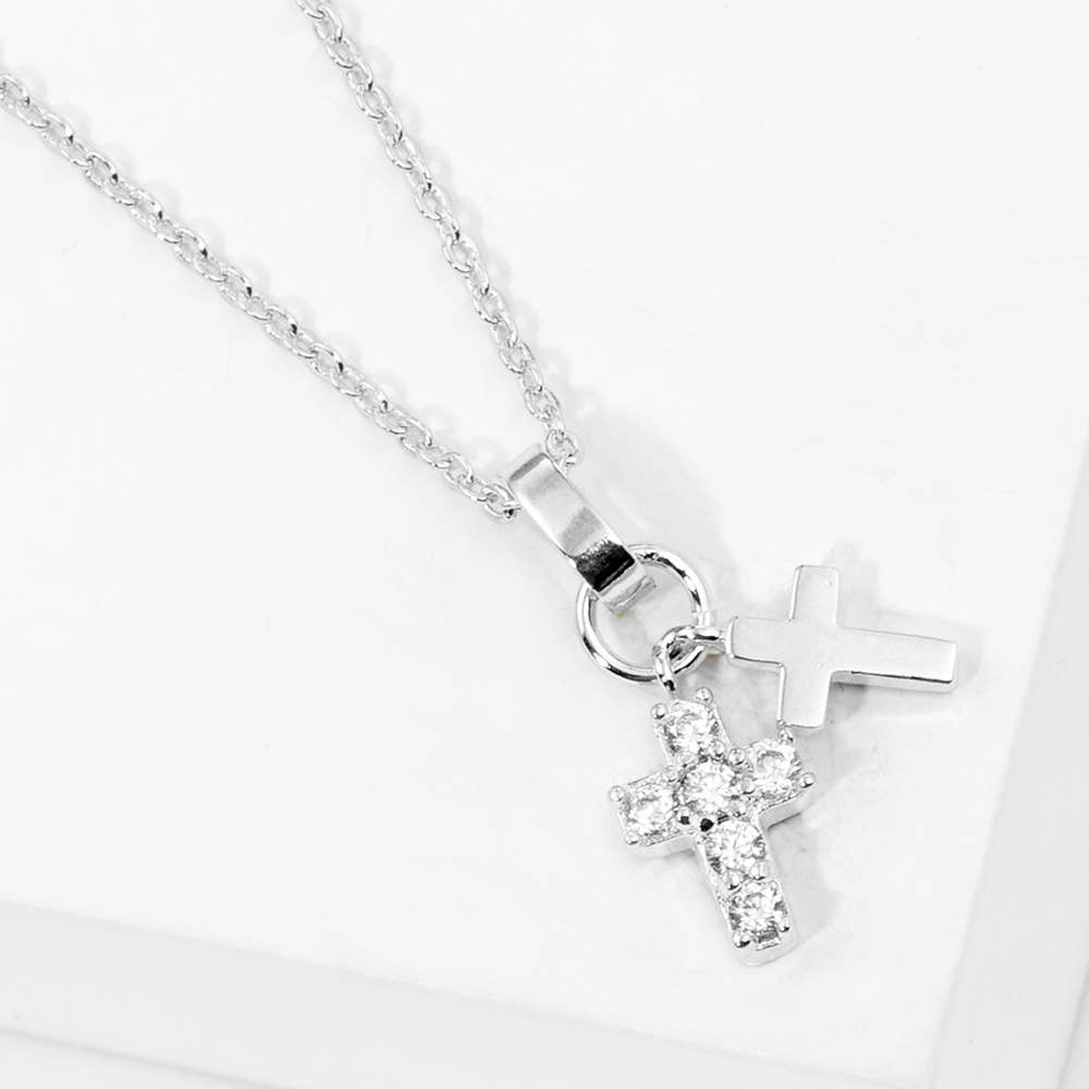 GOLD DIPPED CZ STONE PAVED DOUBLE CROSS PENDANT NECKLACE (SILVER & GOLD)