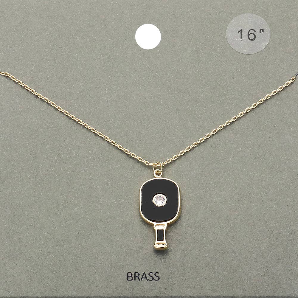 STONE POINTED ENAMEL PICKLEBALL PADDLE PENDANT NECKLACE (MULTIPLE COLORS)
