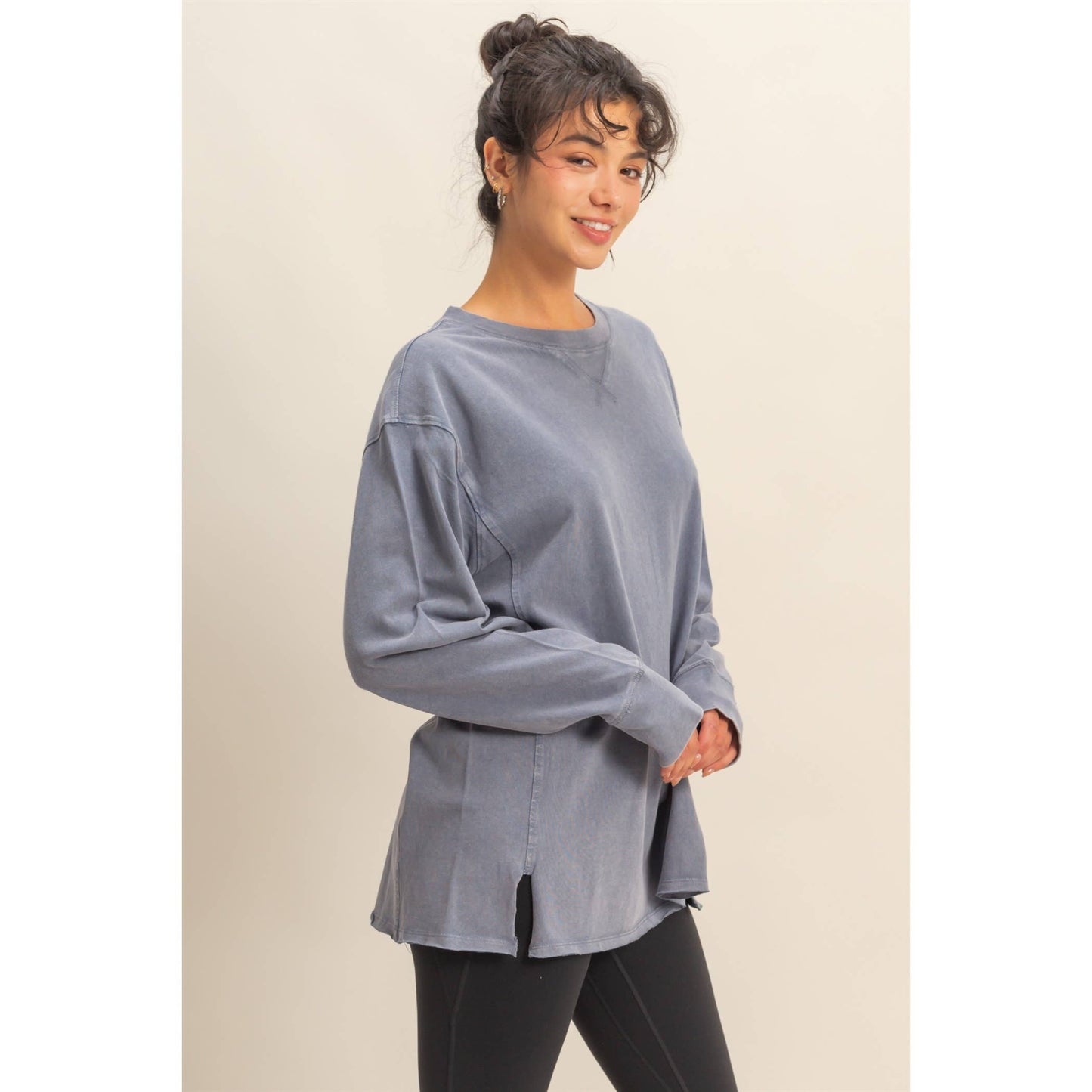 MINERAL WASHED DROP SLEEVE OVERSIZED LONG SLEEVE- Denim Blue