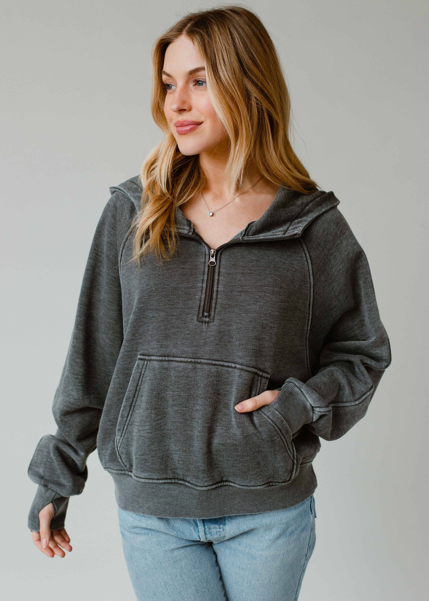 CHARCOAL HOODED HALF-ZIP SWEATSHIRT