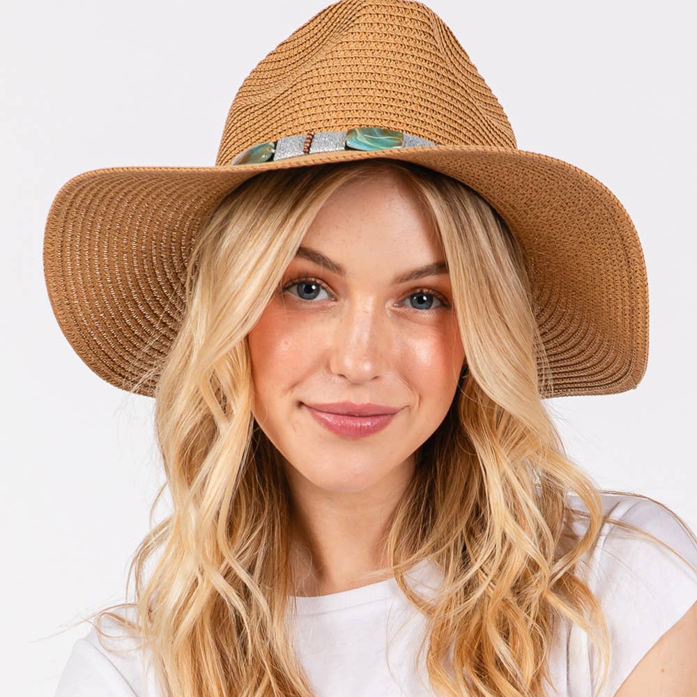 TURQUOISE BEADS BAND STRAW SUN HAT (MULTIPLE COLORS)