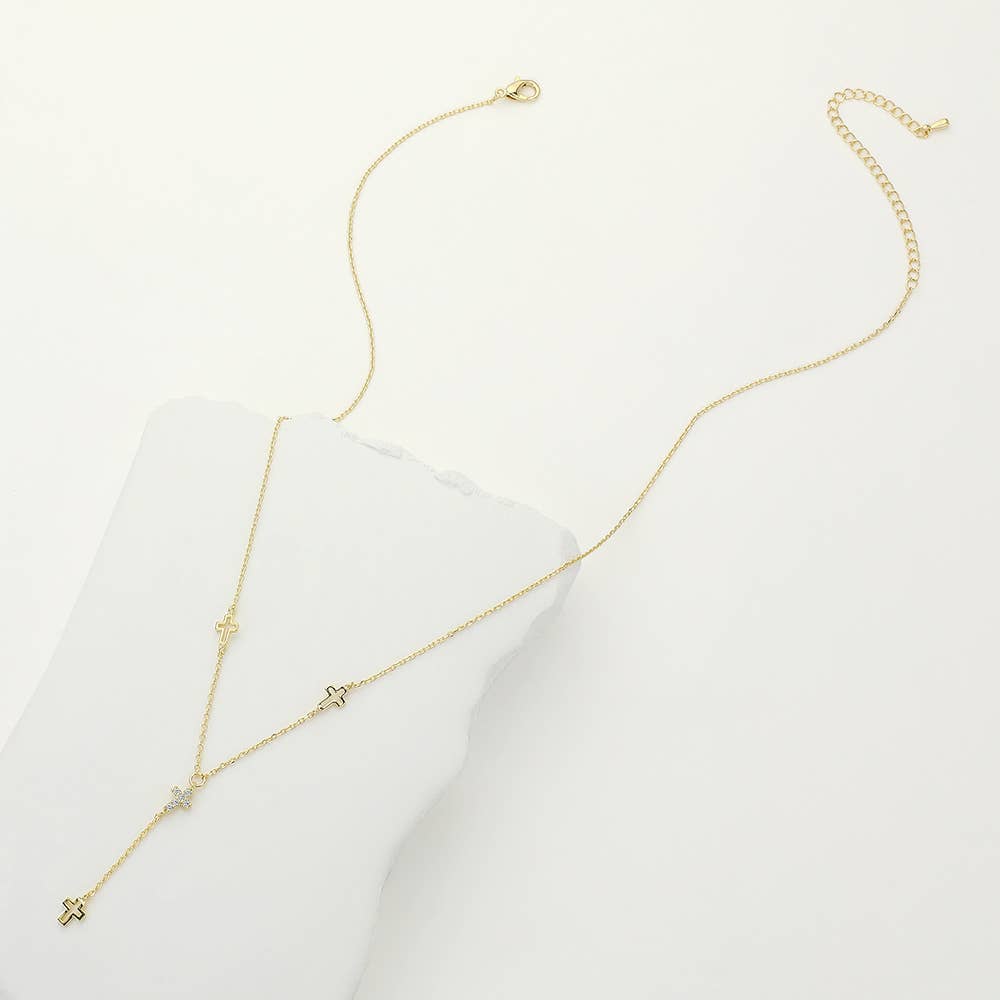 STONE PAVED CROSSS POINTED Y SHAPED NECKLACE (SILVER & GOLD)