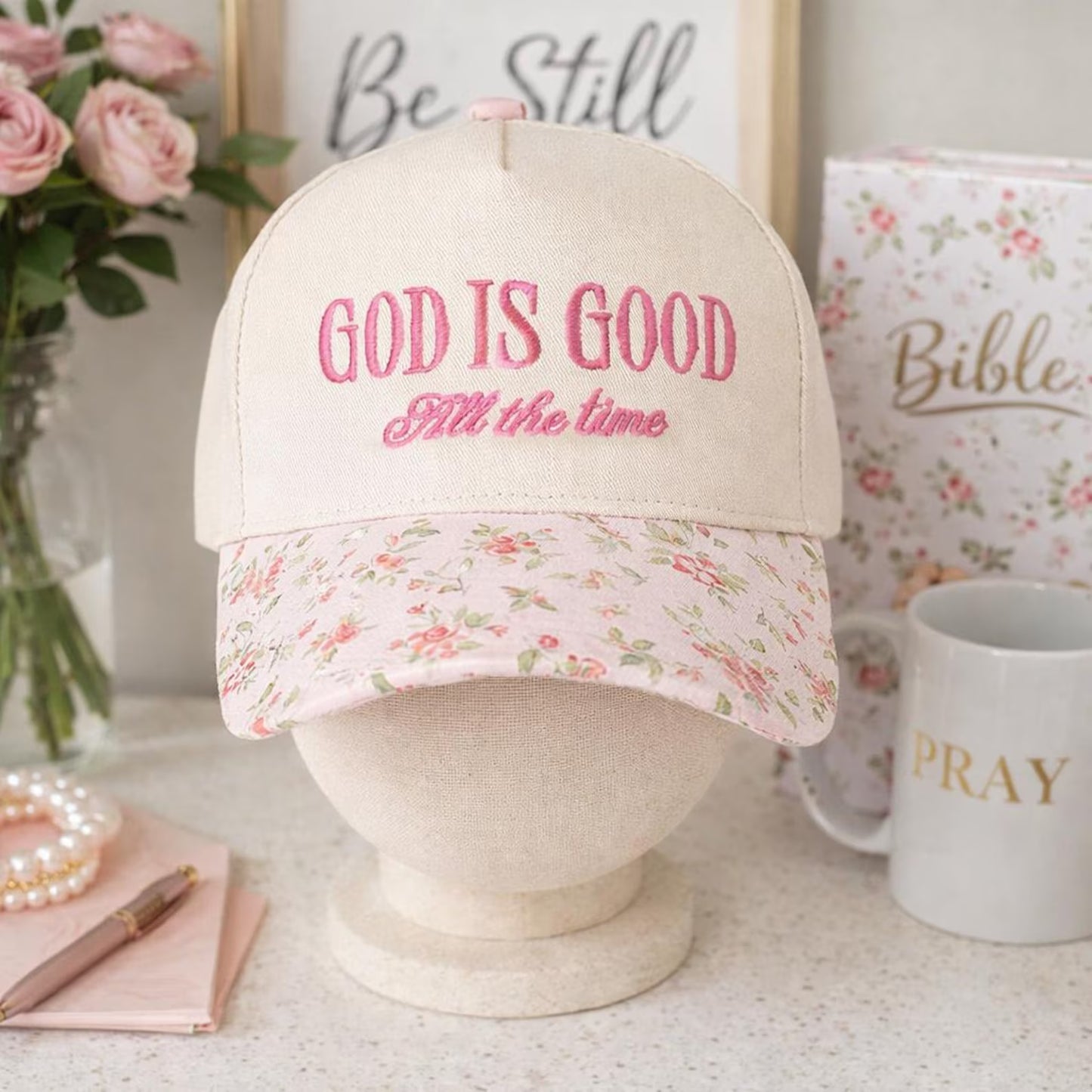 God Is Good All The Time Floral Embroidered Hat