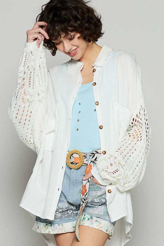 POL: GAUZE BUTTON DOWN SHACKET WITH SWEATER SLEEVE DETAIL- OFF WHITE