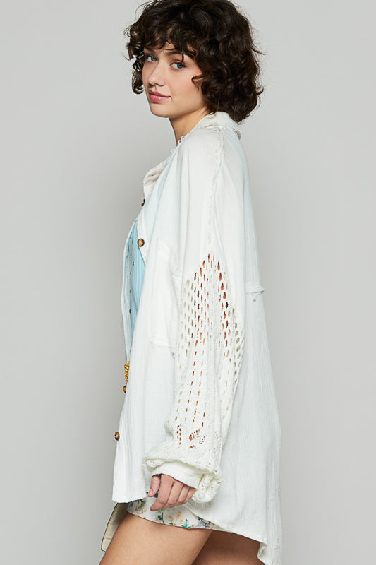 POL: GAUZE BUTTON DOWN SHACKET WITH SWEATER SLEEVE DETAIL- OFF WHITE