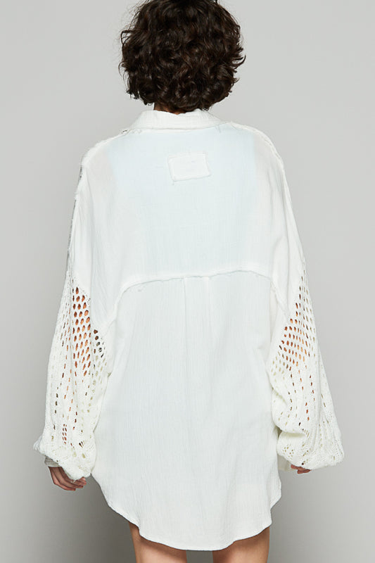 POL: GAUZE BUTTON DOWN SHACKET WITH SWEATER SLEEVE DETAIL- OFF WHITE