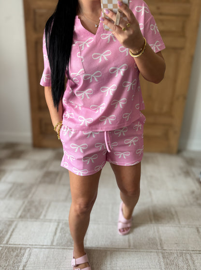 Bowknot Printed Notched T-Shirt and Shorts Set