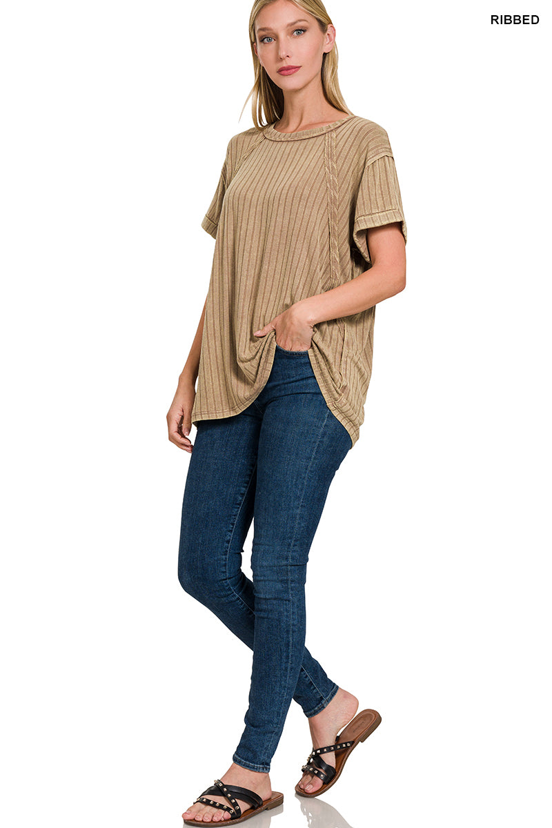 ZENANA ACID WASHED RIBBED SHORT SLEEVE BOAT-NECK TOP **multiple colors