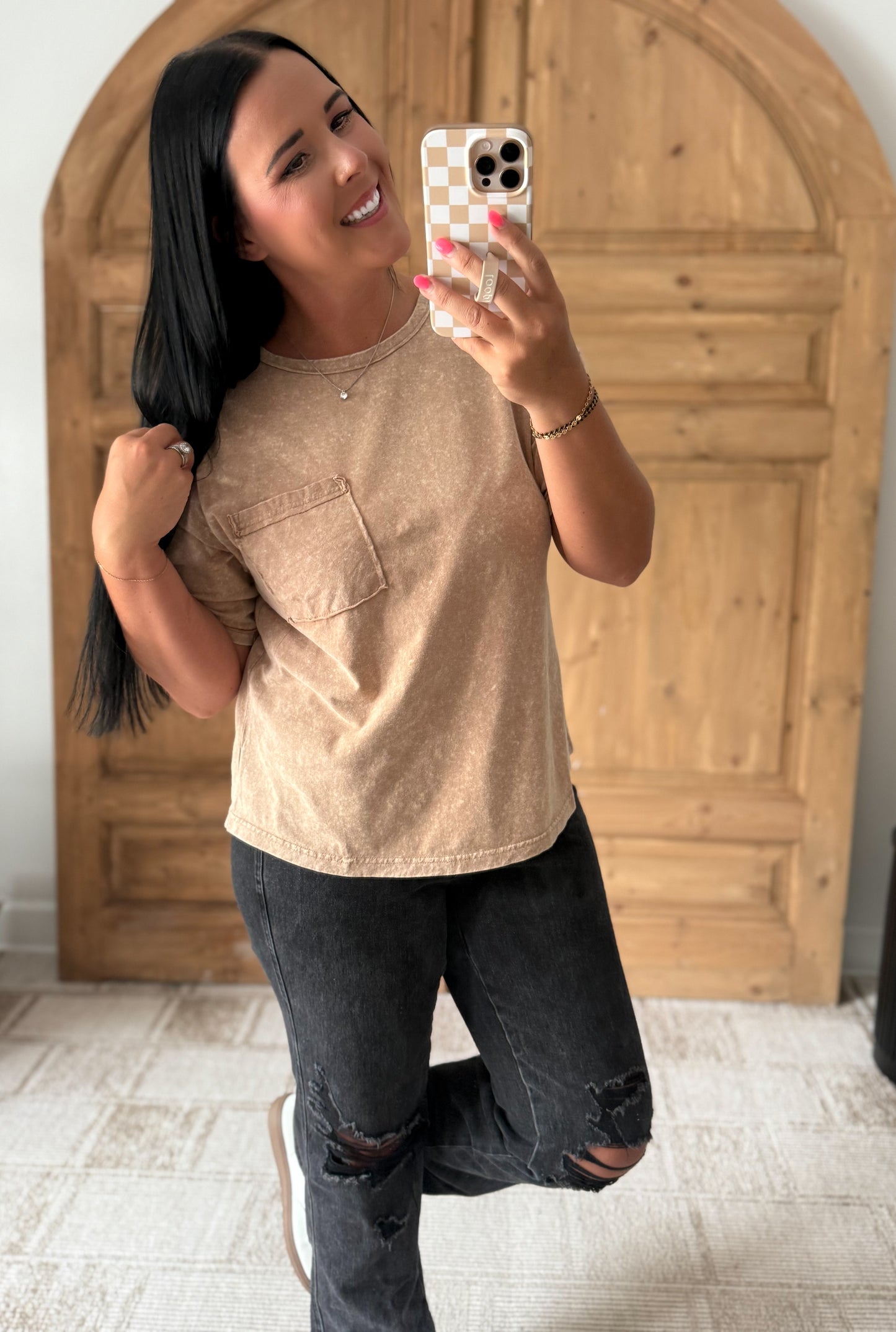 MINERAL WASHED POCKET TOP-Mocha