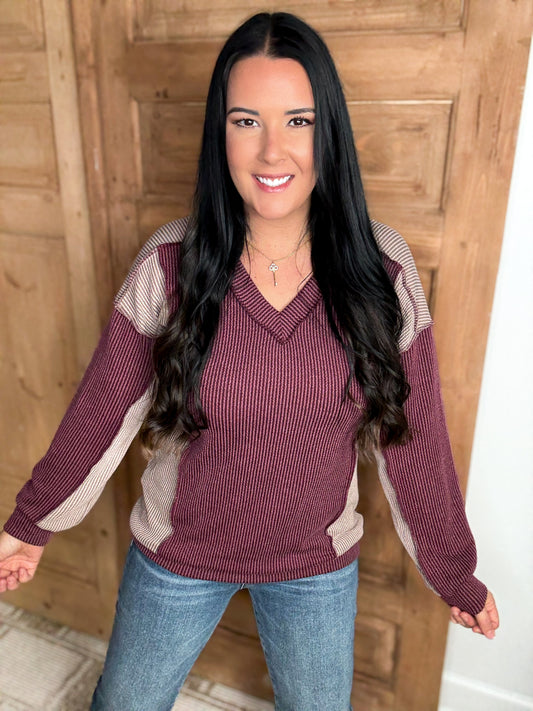 *DOORBUSTER RIBBED COLOR BLOCK BURGUNDY TOP