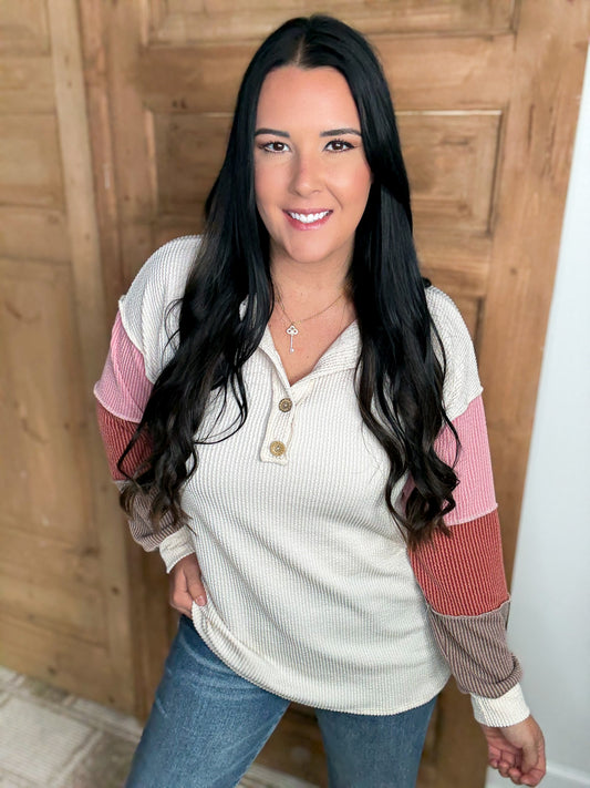 *DOORBUSTER RIBBED COLOR BLOCK SLEEVE TOP