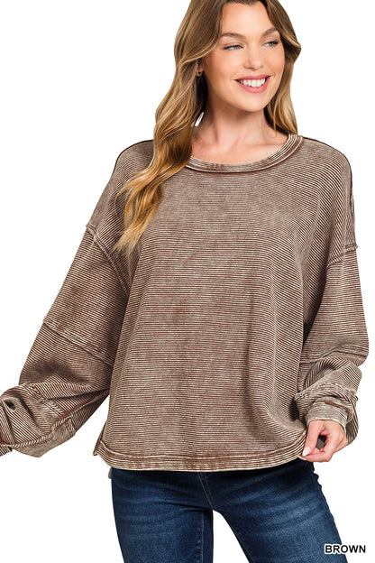 ACID WASHED DOUBLE RIBBED EXPOSED SLIGHTLY CROPPED PULLOVER* Multiple Colors
