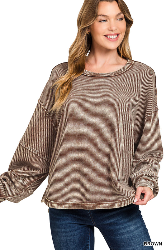 ACID WASHED DOUBLE RIBBED EXPOSED SLIGHTLY CROPPED PULLOVER* Multiple Colors