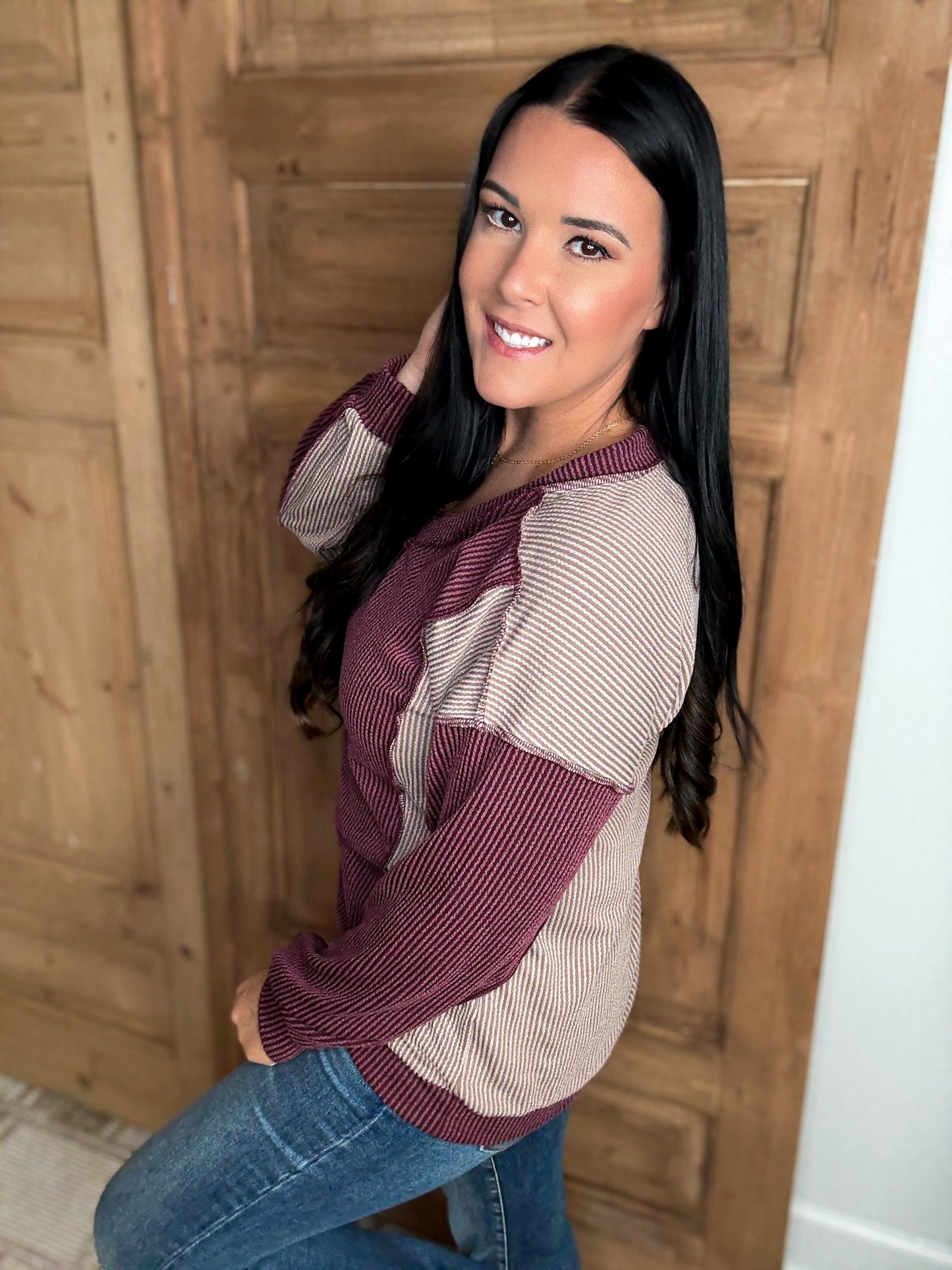 *DOORBUSTER RIBBED COLOR BLOCK BURGUNDY TOP