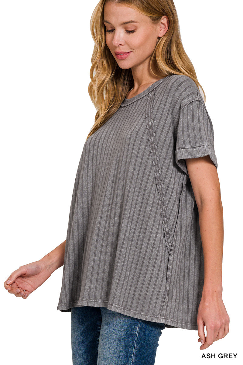 ZENANA ACID WASHED RIBBED SHORT SLEEVE BOAT-NECK TOP **multiple colors