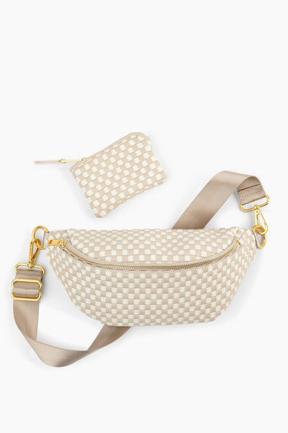PRE ORDER: The Woven Wallet - Faux Leather Zipper Checkered Wristlet: Beige