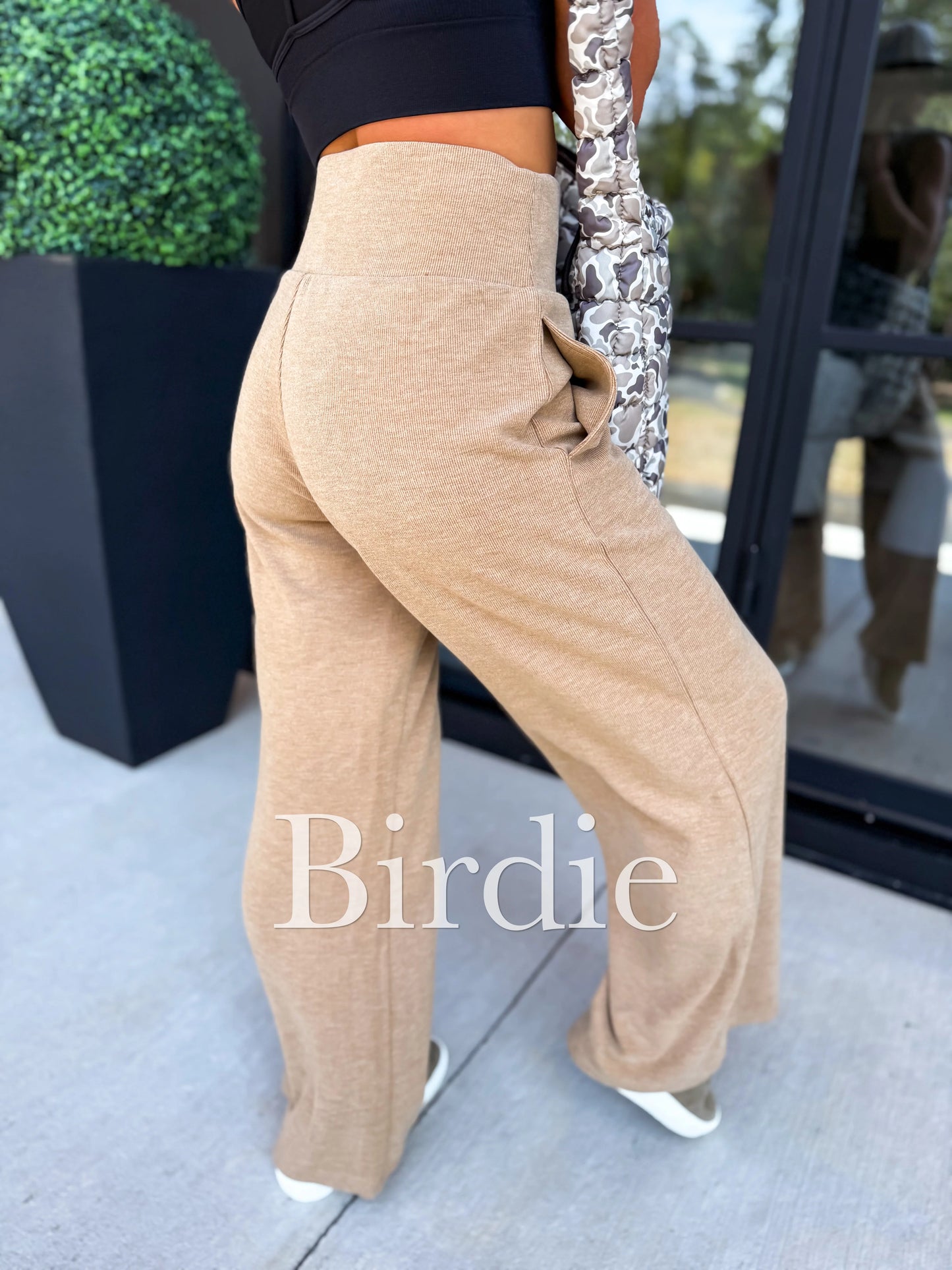 BIRDIE PREORDER Ribbed Wide Leg Pants with Tummy Control in Tan