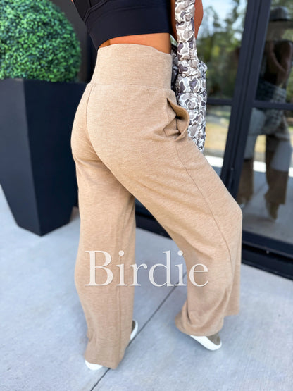 BIRDIE PREORDER Ribbed Wide Leg Pants with Tummy Control in Tan