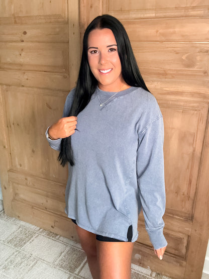 MINERAL WASHED DROP SLEEVE OVERSIZED LONG SLEEVE- Denim Blue