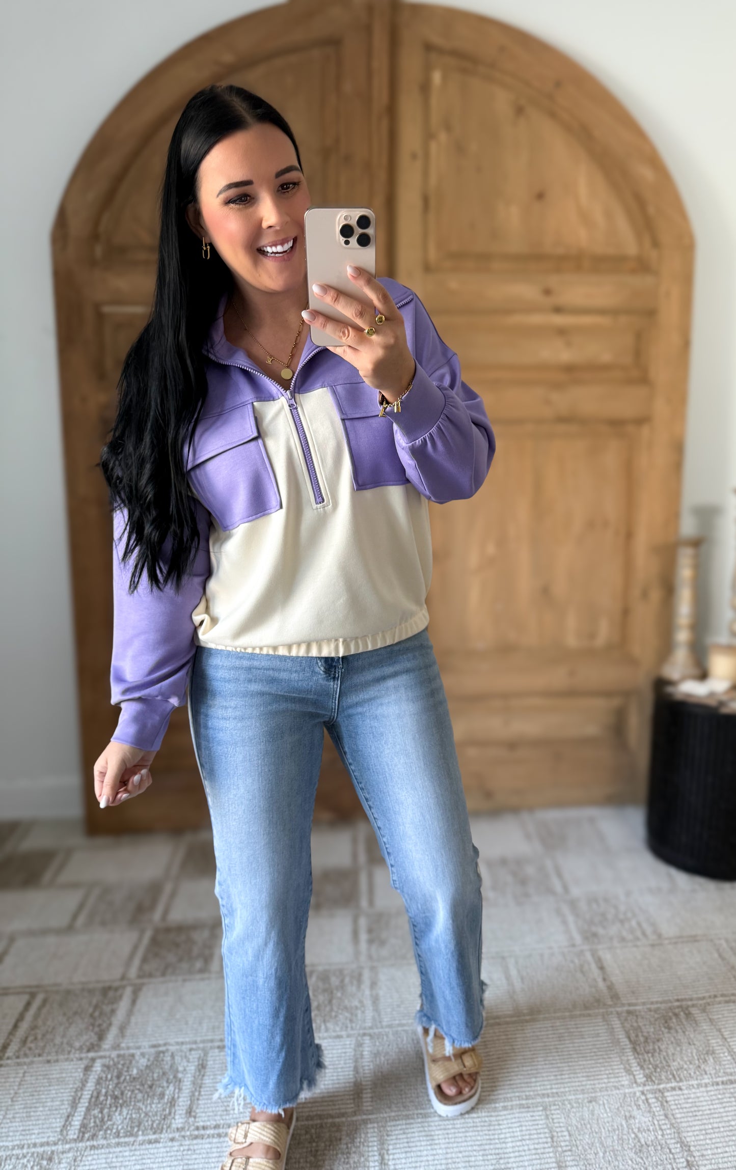 LONG SLEEVE COLOR BLOCK POCKETED LAVENDER KINT PULLOVER