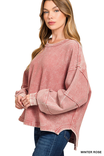 ACID WASHED DOUBLE RIBBED EXPOSED SLIGHTLY CROPPED PULLOVER* Multiple Colors