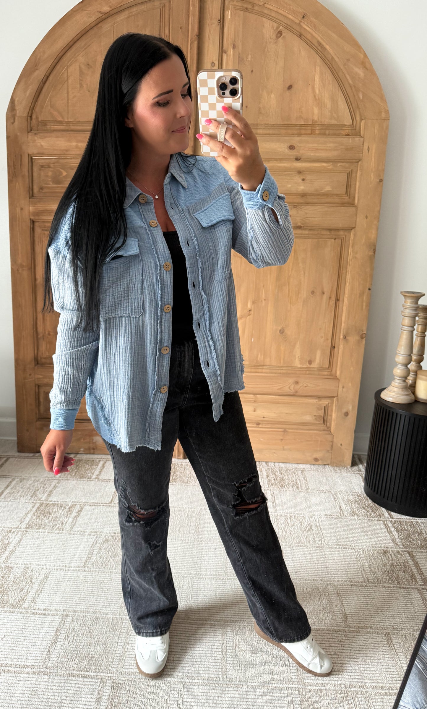 JOHNNY GAUZE KNIT BUTTON DOWN LAYERING TOP-DENIM BLUE