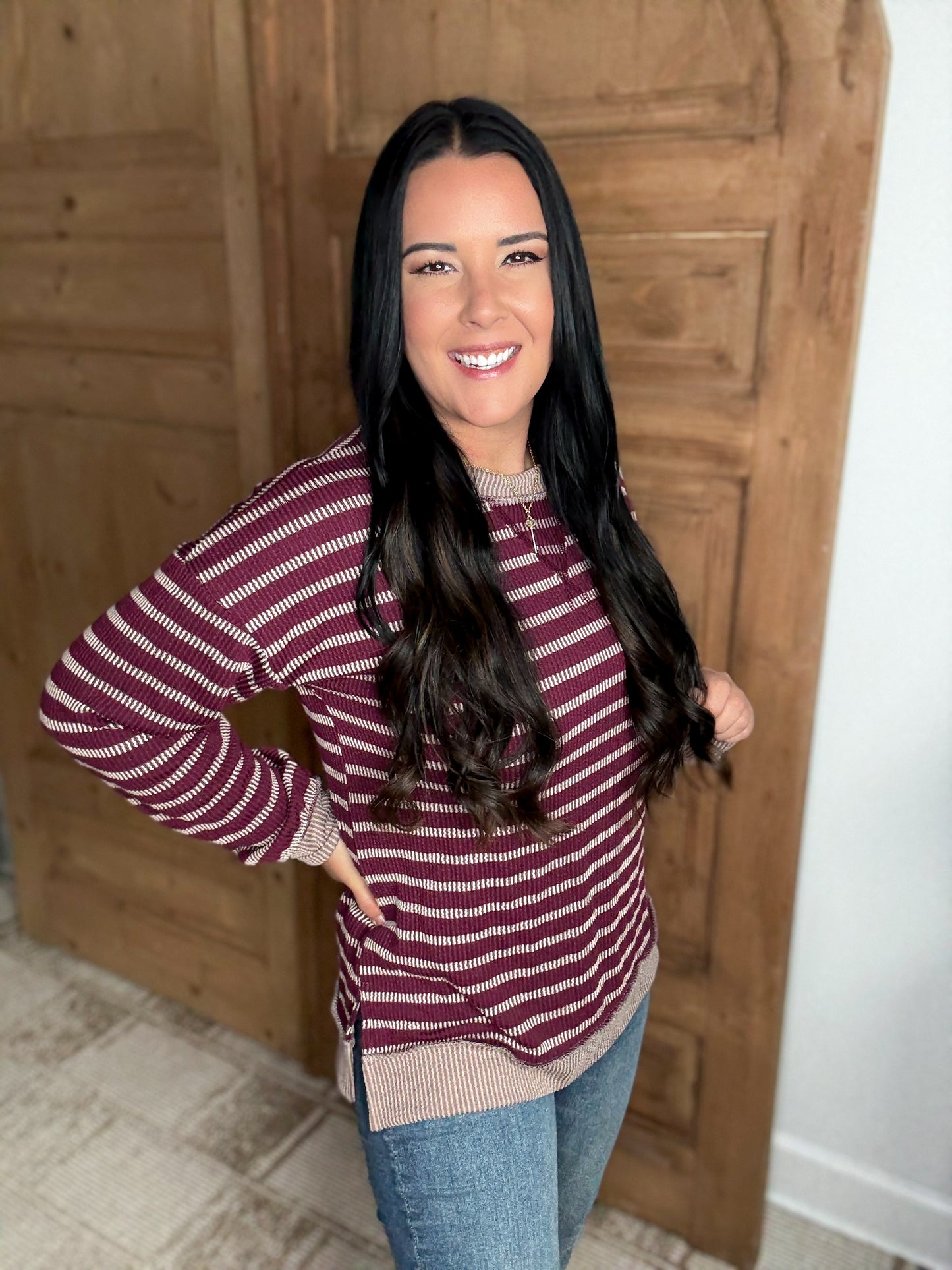 *DOORBUSTER EVERYDAY HEIMISH STRIPED TOP- BURGUNDY