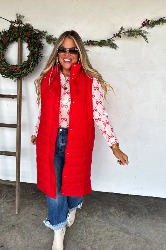 PREORDER- KENDALL LONG PUFFER VEST*Red
