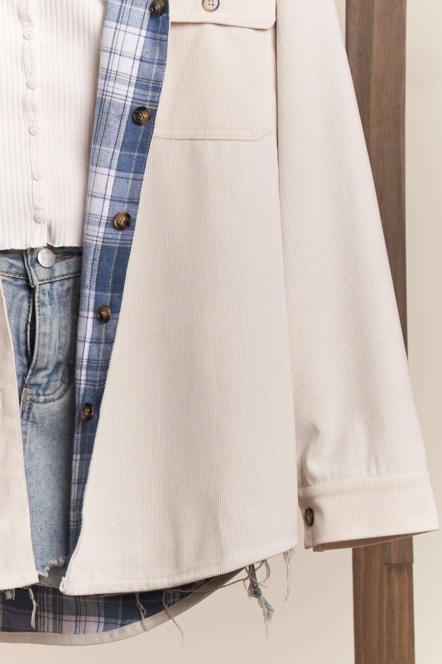 Reversible Corduroy and Plaid Button Down Shirt Jacket