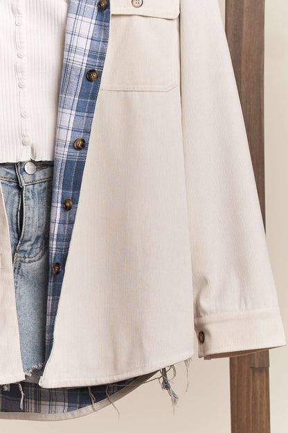Reversible Corduroy and Plaid Button Down Shirt Jacket