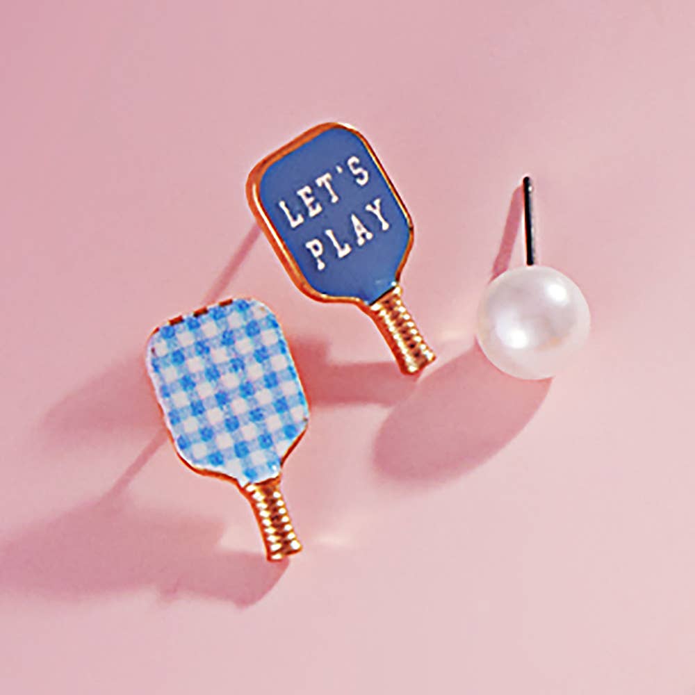 3PAIRS ENAMEL PICKLEBALL PADDLE PEARL STUD SET (MULTIPLE COLORS)