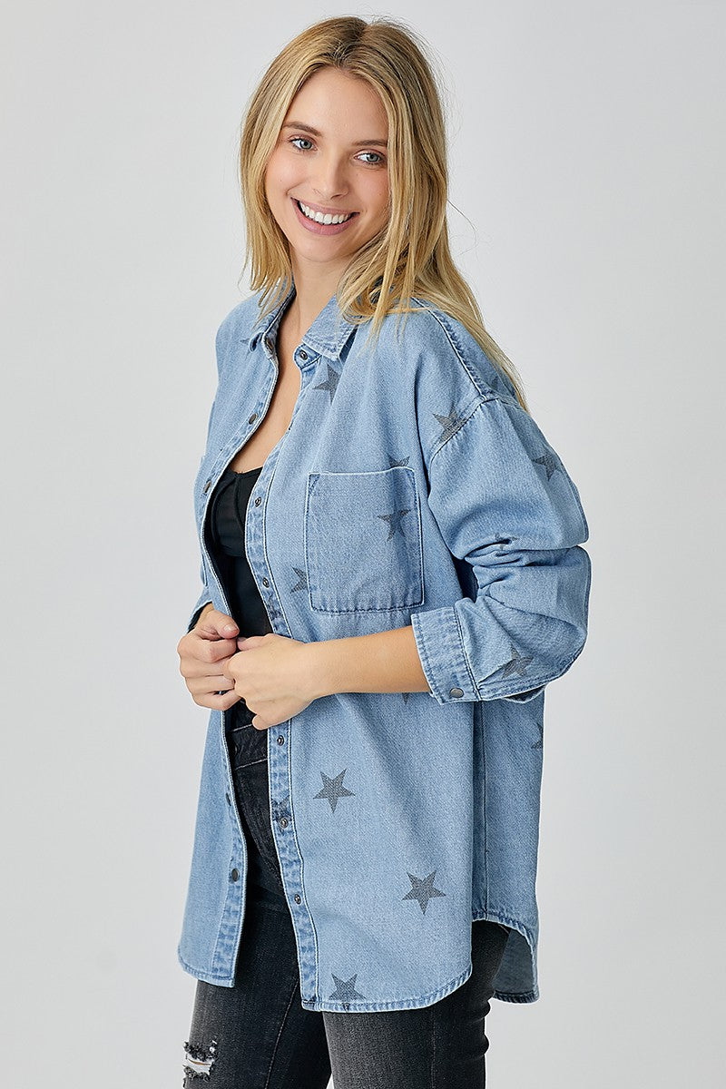 RISEN OVERSIZED DENIM STAR PRINT SHIRT