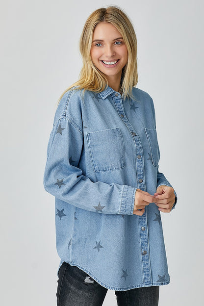 RISEN OVERSIZED DENIM STAR PRINT SHIRT