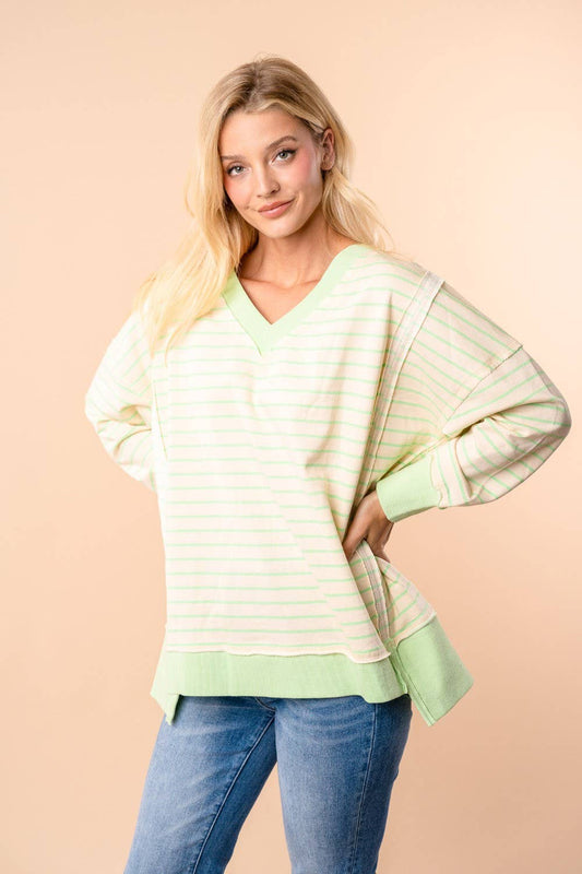 LONG SLEEVE STRIPED KNIT PULLOVER LIME