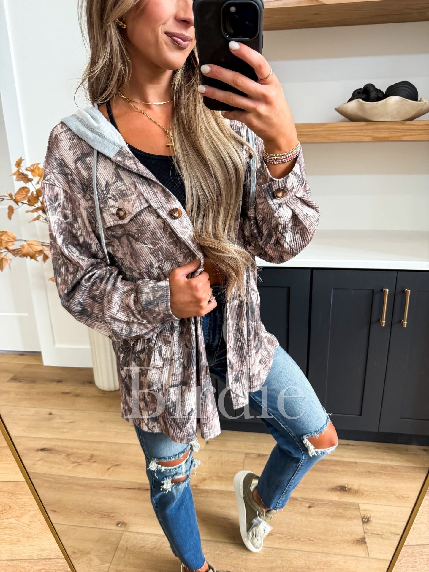 BIRDIE Ribbed Shacket with Gray Hood in Dark Camo