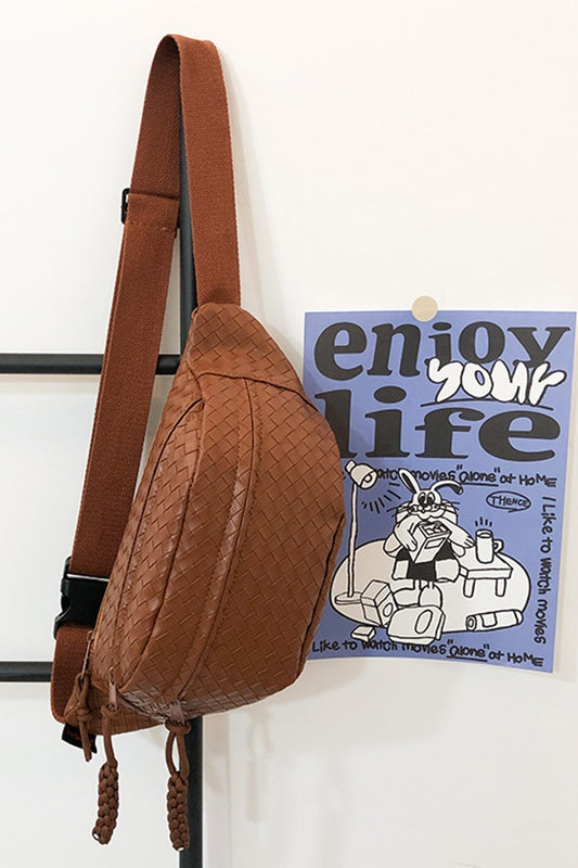 VEGAN LEATHER WOVEN ATLAS CROSSBODY BUM BAG CAMEL