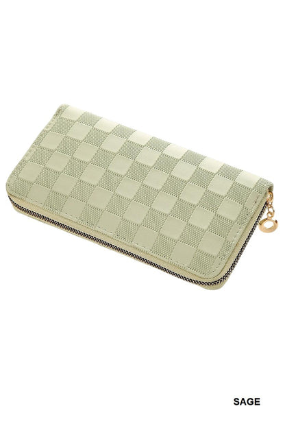 CHECKERED MONOGRAM VEGAN LEATHER LONG WALLET SAGE